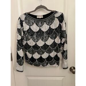 Sister Max Vintage 80s 100% Silk beaded sequined Black &White S Blouse Fairy Top